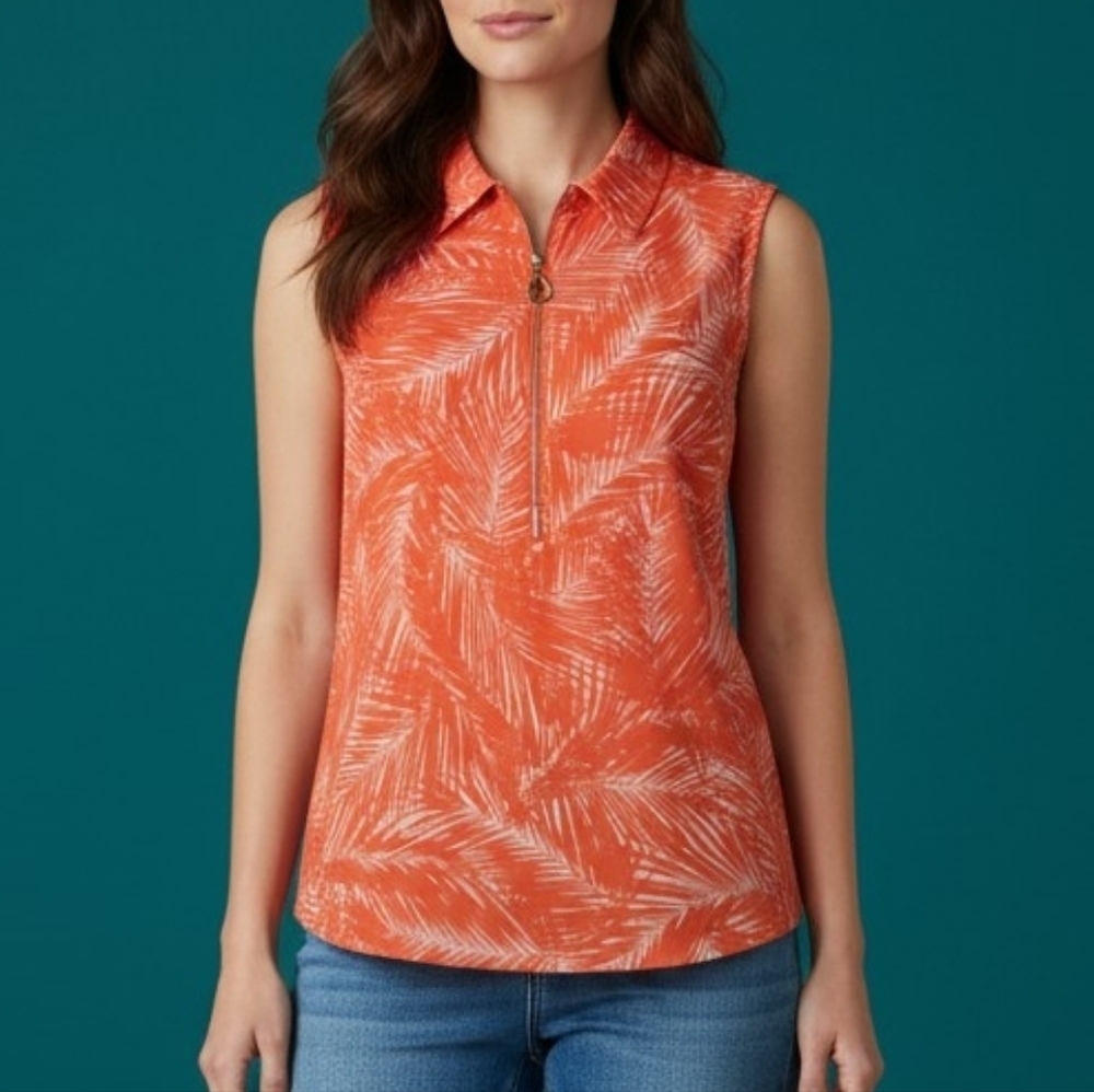 MICHAEL KORS Coral Tropical Leaf Sleeveless Half Zip Collared Tiki Blouse